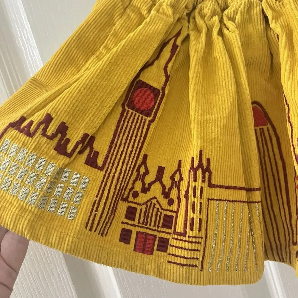 Piccolina Embroidered London Skyline Corduroy Skirt Yellow Girls Size 2T